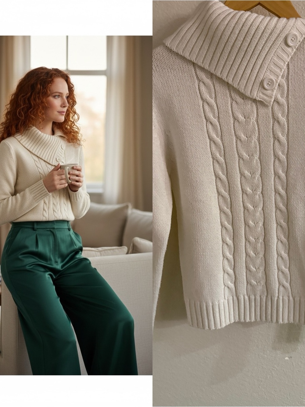 Sasch Collezioni Ivory Cable Knit Button Collar Sweater small